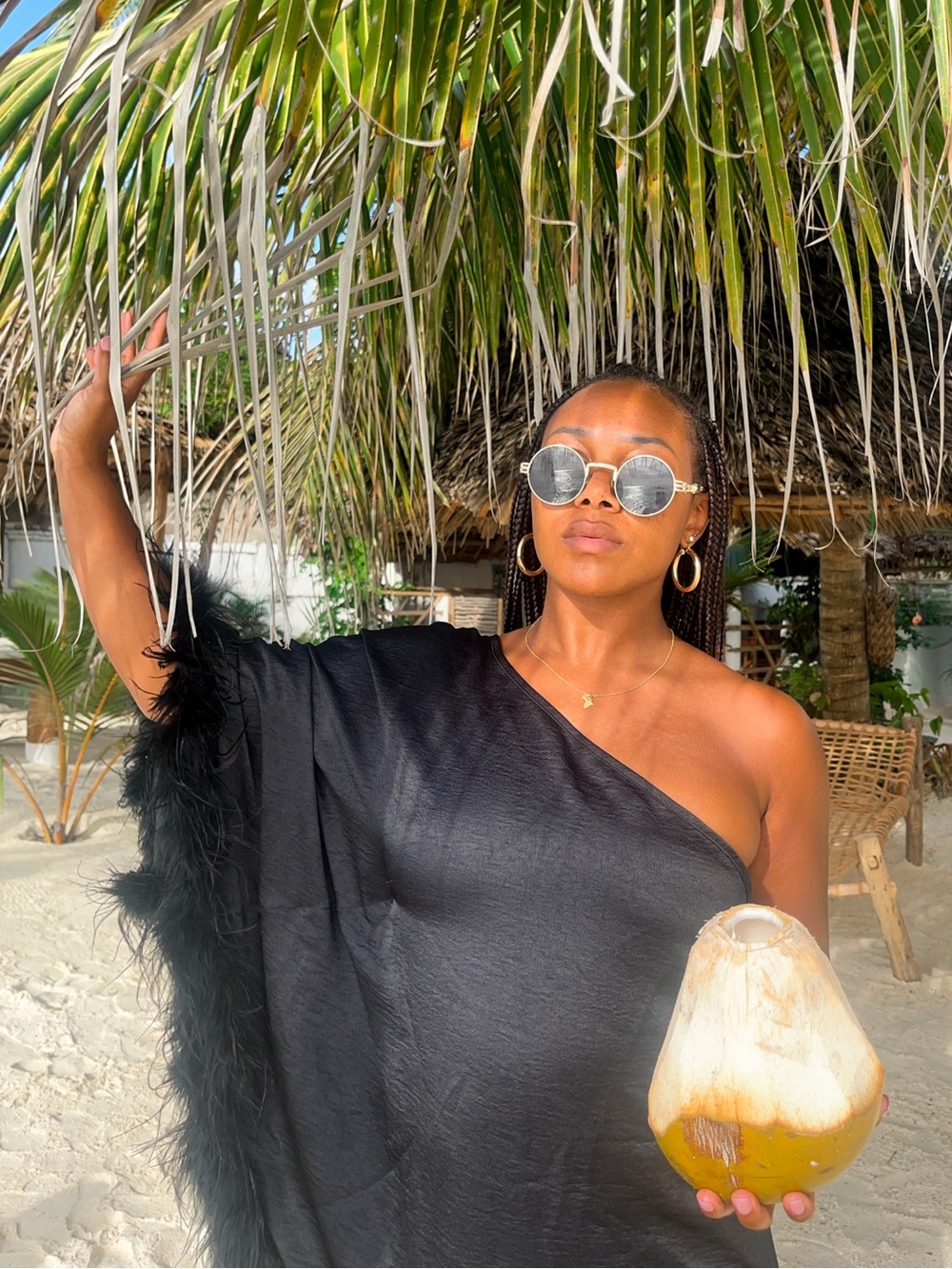 One-Shoulder Black Satin & Feather Dress